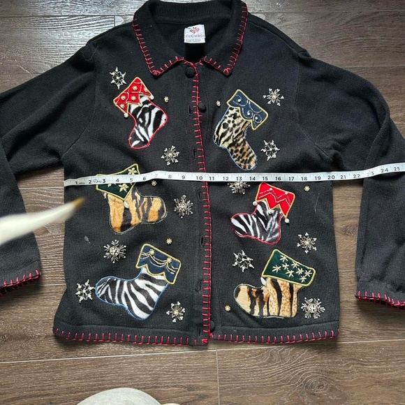 Knit Black Christmas sweater with animal, print stockings #uglychristmassweater - Picture 6 of 8